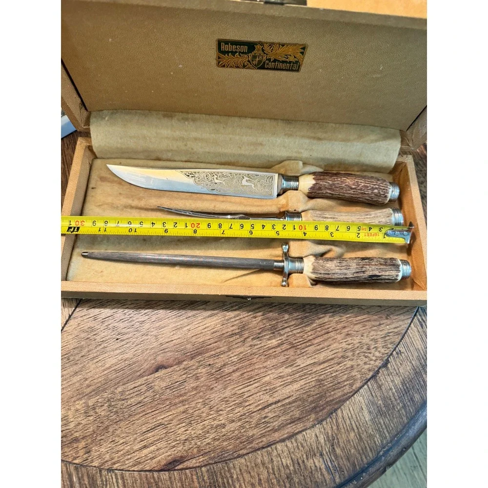 Robeson Continental Vintage Carving Set Stag Horn Handles Germany 3 Piece Etched